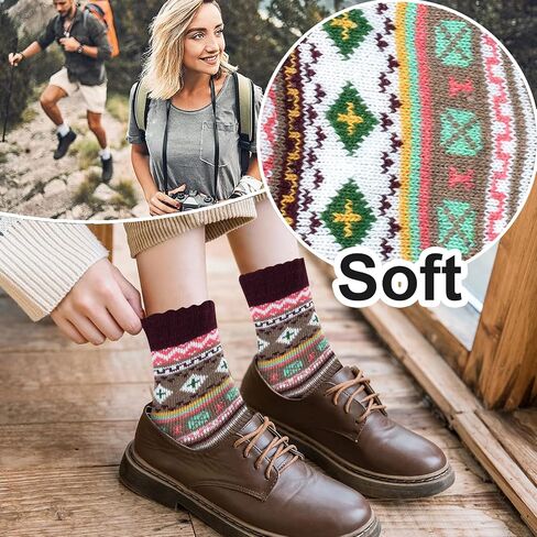 kissleaf Wool Socks for Women, 5 Pairs Winter Warm Thick Crew Knit Socks Vintage Cozy Soft Cute Nordic Cabin Gifts in Saudi Arabia