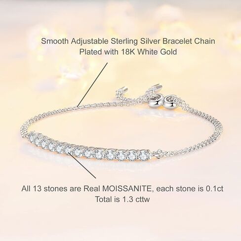 سوار تنس من الفضة الاسترلينية عيار 18 قيراط مطلي بالذهب الابيض عيار 18 قيراط من مويسانيت مع شهادة الاصالة للنساء مع شهادة الاصالة، مويسانيت in Kuwait