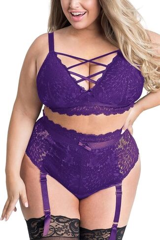 EVELUST Plus Size Lingerie for Women - Sexy Luxe Criss-cross Bra Lace Cup Classic Underwear High Waisted Suspender Set in Kuwait