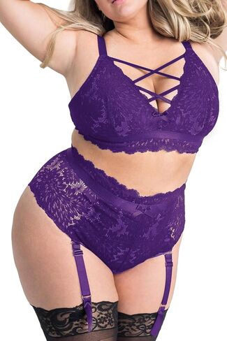 EVELUST Plus Size Lingerie for Women - Sexy Luxe Criss-cross Bra Lace Cup Classic Underwear High Waisted Suspender Set in Kuwait