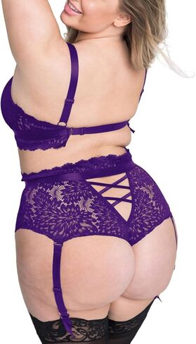 EVELUST Plus Size Lingerie for Women - Sexy Luxe Criss-cross Bra Lace Cup Classic Underwear High Waisted Suspender Set in Kuwait