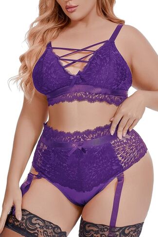 EVELUST Plus Size Lingerie for Women - Sexy Luxe Criss-cross Bra Lace Cup Classic Underwear High Waisted Suspender Set in Kuwait