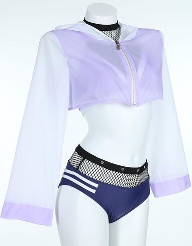 haikyuu Women Anime Derivative Bikini Set with Cover Up Jacket Halter Mesh Top and Shorts Two Piece Bathing Suit in Kuwait