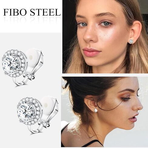 FIBO STEEL 6 أزواج مكعب زركونيا على الأقراط للنساء مشبك فضي على الأقراط هالة أقراط دائرية على شكل قطرة على شكل قلب مربع بيضاوي الشكل كريستال أقراط الأذن مجموعة أقراط غير مثقوبة in Kuwait