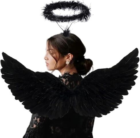 KROMPG أجنحة الملاك السوداء وأجنحة الهالة السوداء للبالغين أجنحة سوداء للنساء أجنحة سوداء للهالوين (متوسط) in Kuwait