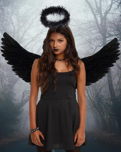 KROMPG أجنحة الملاك السوداء وأجنحة الهالة السوداء للبالغين أجنحة سوداء للنساء أجنحة سوداء للهالوين (متوسط) in Kuwait