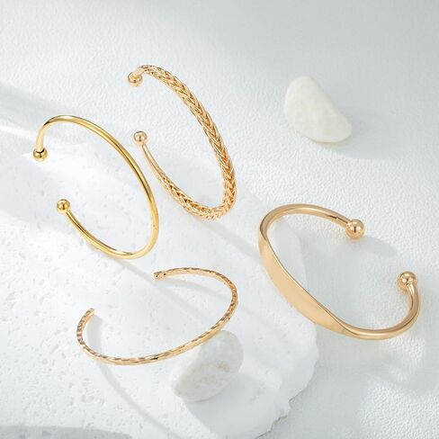 ريوسو 4 قطع من اساور عريضة ذهبية للنساء، اساور عريضة رفيعة وبسيطة، نحاس، بدون احجار كريمة in Kuwait