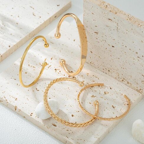 ريوسو 4 قطع من اساور عريضة ذهبية للنساء، اساور عريضة رفيعة وبسيطة، نحاس، بدون احجار كريمة in Kuwait