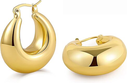 اقراط حلقية ذهبية مكتنزة للنساء خفيفة الوزن وسميكة مطلية بالذهب عيار 18 قيراط، اقراط حلقية كبيرة مكتنزة لا تسبب الحساسية، نحاس، بدون احجار كريمة, النحاس, لا أحجار كريمة in Kuwait