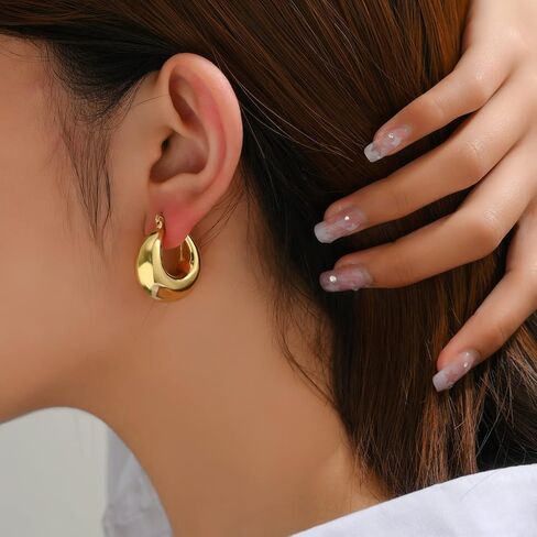 اقراط حلقية ذهبية مكتنزة للنساء خفيفة الوزن وسميكة مطلية بالذهب عيار 18 قيراط، اقراط حلقية كبيرة مكتنزة لا تسبب الحساسية، نحاس، بدون احجار كريمة, النحاس, لا أحجار كريمة in Kuwait