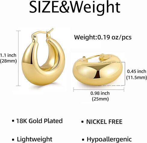 اقراط حلقية ذهبية مكتنزة للنساء خفيفة الوزن وسميكة مطلية بالذهب عيار 18 قيراط، اقراط حلقية كبيرة مكتنزة لا تسبب الحساسية، نحاس، بدون احجار كريمة, النحاس, لا أحجار كريمة in Kuwait