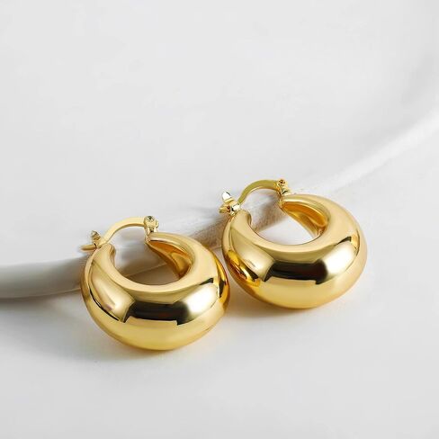 اقراط حلقية ذهبية مكتنزة للنساء خفيفة الوزن وسميكة مطلية بالذهب عيار 18 قيراط، اقراط حلقية كبيرة مكتنزة لا تسبب الحساسية، نحاس، بدون احجار كريمة, النحاس, لا أحجار كريمة in Kuwait