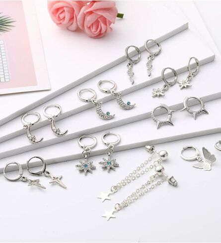 12 Pairs Dangle Hoop Earrings Aesthetic Huggie Earrings with Charms Small Drop Pendant Hoop Earrings for Women in Saudi Arabia