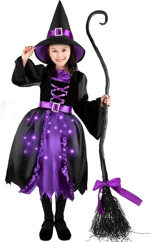 زي فستان الساحرة المضيء من Kiddokids مع مكنسة وقبعة للفتيات في مسابقة أزياء الهالوين التنكرية اللطيفة in Kuwait