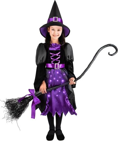 زي فستان الساحرة المضيء من Kiddokids مع مكنسة وقبعة للفتيات في مسابقة أزياء الهالوين التنكرية اللطيفة in Kuwait