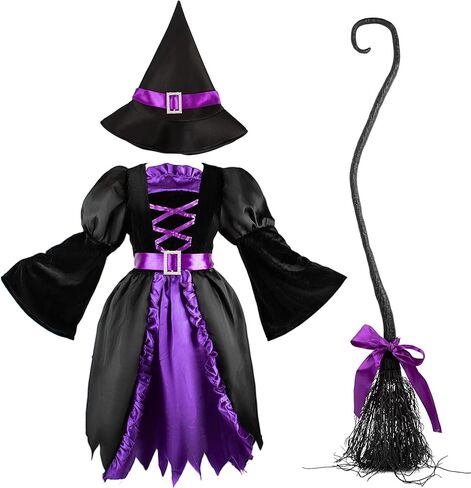 زي فستان الساحرة المضيء من Kiddokids مع مكنسة وقبعة للفتيات في مسابقة أزياء الهالوين التنكرية اللطيفة in Kuwait