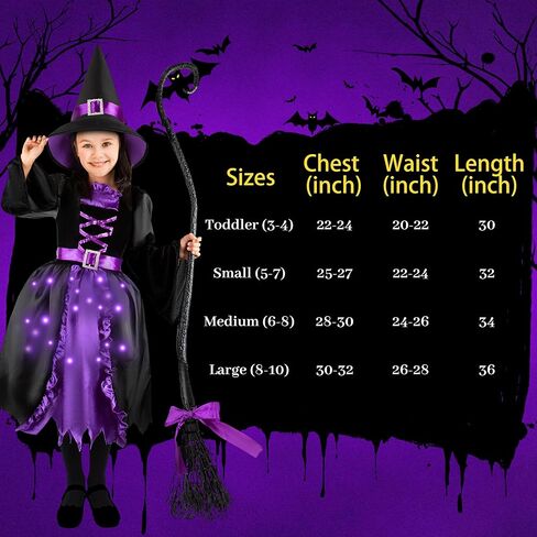 زي فستان الساحرة المضيء من Kiddokids مع مكنسة وقبعة للفتيات في مسابقة أزياء الهالوين التنكرية اللطيفة in Kuwait