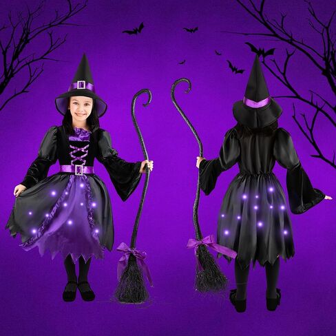 زي فستان الساحرة المضيء من Kiddokids مع مكنسة وقبعة للفتيات في مسابقة أزياء الهالوين التنكرية اللطيفة in Kuwait