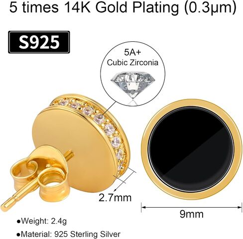 VEXXS S925 أقراط الماس للرجال، 14 قيراط مطلية بالذهب الحقيقي مثلج خارج الأقراط مايكرو تمهيد 5A تشيكوسلوفاكيا أحجار الرجال ترصيع، 925 أقراط الفضة الاسترليني، أقراط مضادة للحساسية للرجال النساء الهيب البوب ​​أقراط الأقراط السوداء in Kuwait