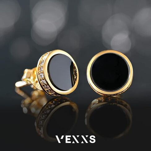 VEXXS S925 أقراط الماس للرجال، 14 قيراط مطلية بالذهب الحقيقي مثلج خارج الأقراط مايكرو تمهيد 5A تشيكوسلوفاكيا أحجار الرجال ترصيع، 925 أقراط الفضة الاسترليني، أقراط مضادة للحساسية للرجال النساء الهيب البوب ​​أقراط الأقراط السوداء in Kuwait