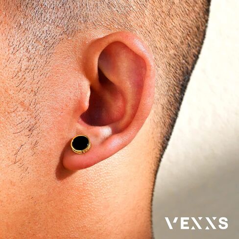 VEXXS S925 أقراط الماس للرجال، 14 قيراط مطلية بالذهب الحقيقي مثلج خارج الأقراط مايكرو تمهيد 5A تشيكوسلوفاكيا أحجار الرجال ترصيع، 925 أقراط الفضة الاسترليني، أقراط مضادة للحساسية للرجال النساء الهيب البوب ​​أقراط الأقراط السوداء in Kuwait