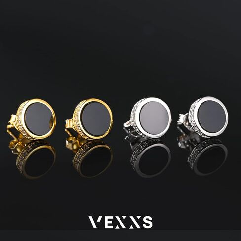 VEXXS S925 أقراط الماس للرجال، 14 قيراط مطلية بالذهب الحقيقي مثلج خارج الأقراط مايكرو تمهيد 5A تشيكوسلوفاكيا أحجار الرجال ترصيع، 925 أقراط الفضة الاسترليني، أقراط مضادة للحساسية للرجال النساء الهيب البوب ​​أقراط الأقراط السوداء in Kuwait