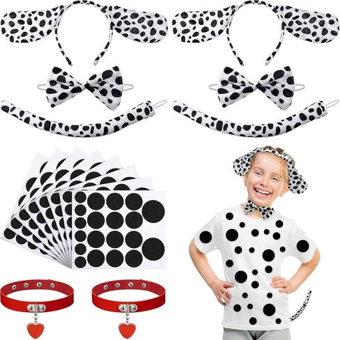 168 Pcs Halloween Dalmatian Costume Set, 2 Sets of Puppy Dog Ears Headbands, PU Leather Collar Chokers, Dalmatian Bow Ties and Tails Felt Circles Pads for Halloween Christmas Cosplay Party Supplies in Saudi Arabia