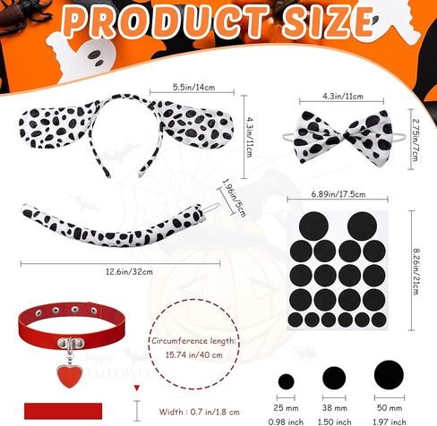 168 Pcs Halloween Dalmatian Costume Set, 2 Sets of Puppy Dog Ears Headbands, PU Leather Collar Chokers, Dalmatian Bow Ties and Tails Felt Circles Pads for Halloween Christmas Cosplay Party Supplies in Saudi Arabia