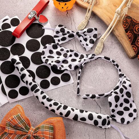 168 Pcs Halloween Dalmatian Costume Set, 2 Sets of Puppy Dog Ears Headbands, PU Leather Collar Chokers, Dalmatian Bow Ties and Tails Felt Circles Pads for Halloween Christmas Cosplay Party Supplies in Saudi Arabia