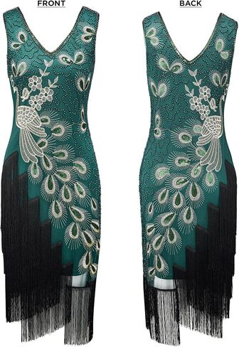 SWEETV 1920s خمر فساتين الطاووس الزعنفة الترتر مهدب فستان غاتسبي مع عقال in Kuwait