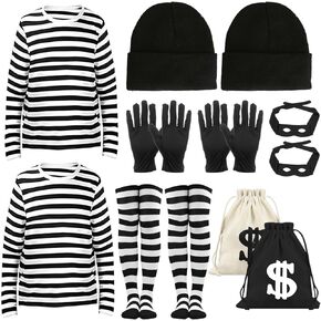 2 Set Halloween Robber Costume Adult Thief Cosplay Burglar Striped Shirt Knit Cap Canvas Bags Eye Mask for Women Men in Kuwait