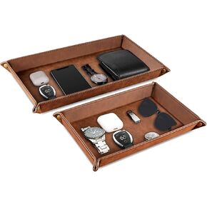 مجموعة تنظيم تخزين سطح المكتب من SITHON Valet Tray - 2 صينية كاتشال من جلد البولي يوريثان بجانب السرير وحامل العلبة منضدة لجهاز التحكم عن بعد، والمفاتيح، والهاتف، والمحفظة، والعملة المعدنية، والمجوهرات، بني in Kuwait