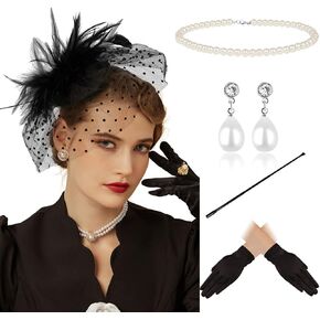 Cizoe Black 1920s Fascinator Hats for Women 20s 50s Vintage Feather Hat,Necklace,Gloves,Earrings