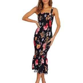 PRETTYGARDEN Women's Summer Floral Midi Tank Dress Sleeveless Strappy Ruffle Hem Smocked Bodycon Dresses in Saudi Arabia