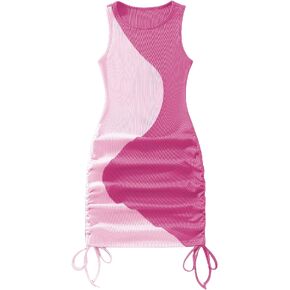 Verdusa Women's Color Block Drawstring Ruched Ribbed Mini Tank Bodycon Dress