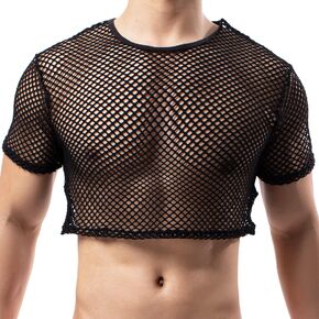 QiaTi Men's Fishnet Shirts Mesh Crop Top See Through Round Neck Short Sleeve Sexy Muscle Tee