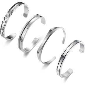 ييلو 4 قطع من اساور الكفة الفضية للرجال، سوار معصم بسيط من الريش، مجموعة اساور مفتوحة من النحاس، زركونيا مكعب, النحاس, مكعب زركونيا in Kuwait