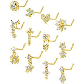 Fxiqini 12 قطعة مسمار الأنف المتدلي على شكل حرف L حلقة مسمار القلب ندفة الثلج الصليب نجمة فراشة لامعة تشيكوسلوفاكيا شكل الأنف ترصيع الفولاذ المقاوم للصدأ الأنف ثقب الأنف مجوهرات للنساء الرجال 20G الذهب والفضة لهجة in Kuwait