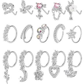Vegolita 15PCS 20G 316L Stainless Steel Dangle Nose Rings Hoop for Women Girls L Shape Nose Stud CZ Heart Flower Butterfly Nose Rings Piercing Jewelry