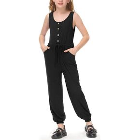 BesserBay Girls Summer Casual Sleeveless Long Pant Romper with Side Pockets 6-14 Years