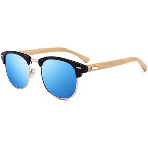 MYSNKU Polarized Sunglasses For Women And Men Semi Rimless Frame Retro Wood Sun Glasses
