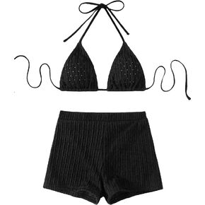 SOLY HUX Women's 2 Piece Swimsuits Halter Triangle Top with Shorts Bikini Set Bathing Suits