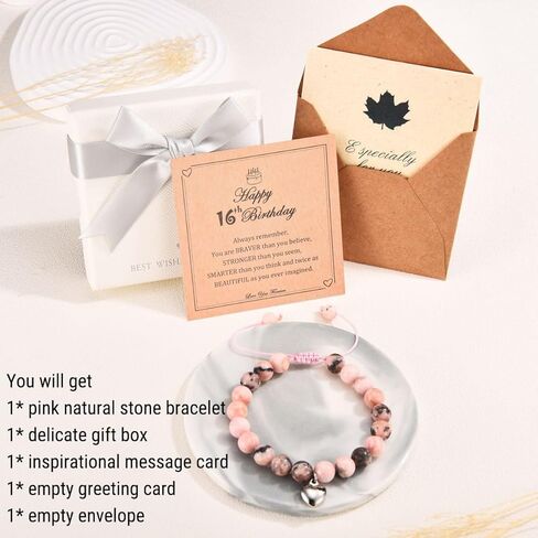 oavook 12-21 سنة هدايا عيد ميلاد فتاة، سوار الحجر الطبيعي الوردي مع بطاقة هدية ملهمة لابنة / حفيدة / ابنة أخت فكرة الهدايا فتاة في سن المراهقة in Kuwait