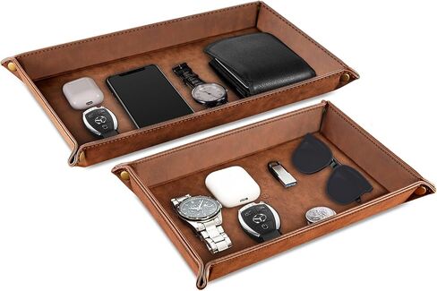 مجموعة تنظيم تخزين سطح المكتب من SITHON Valet Tray - 2 صينية كاتشال من جلد البولي يوريثان بجانب السرير وحامل العلبة منضدة لجهاز التحكم عن بعد، والمفاتيح، والهاتف، والمحفظة، والعملة المعدنية، والمجوهرات، بني in Kuwait