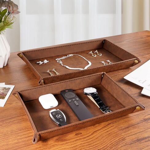 مجموعة تنظيم تخزين سطح المكتب من SITHON Valet Tray - 2 صينية كاتشال من جلد البولي يوريثان بجانب السرير وحامل العلبة منضدة لجهاز التحكم عن بعد، والمفاتيح، والهاتف، والمحفظة، والعملة المعدنية، والمجوهرات، بني in Kuwait