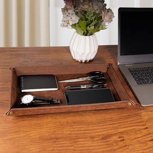 مجموعة تنظيم تخزين سطح المكتب من SITHON Valet Tray - 2 صينية كاتشال من جلد البولي يوريثان بجانب السرير وحامل العلبة منضدة لجهاز التحكم عن بعد، والمفاتيح، والهاتف، والمحفظة، والعملة المعدنية، والمجوهرات، بني in Kuwait