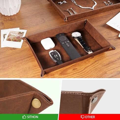 مجموعة تنظيم تخزين سطح المكتب من SITHON Valet Tray - 2 صينية كاتشال من جلد البولي يوريثان بجانب السرير وحامل العلبة منضدة لجهاز التحكم عن بعد، والمفاتيح، والهاتف، والمحفظة، والعملة المعدنية، والمجوهرات، بني in Kuwait