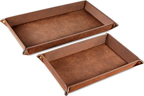 مجموعة تنظيم تخزين سطح المكتب من SITHON Valet Tray - 2 صينية كاتشال من جلد البولي يوريثان بجانب السرير وحامل العلبة منضدة لجهاز التحكم عن بعد، والمفاتيح، والهاتف، والمحفظة، والعملة المعدنية، والمجوهرات، بني in Kuwait