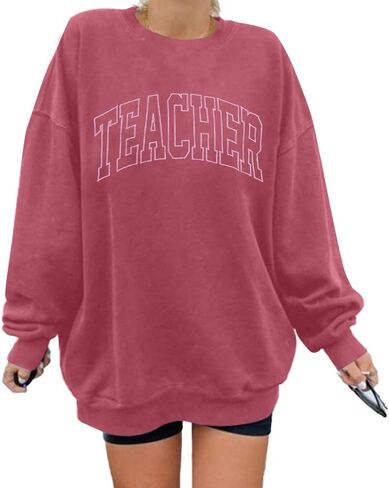 BANGELY Teacher Sweatshirt Women Oversized Retro Teach Crewneck Shirt Embroidery Teacher Life Pullover Long Sleeve Tops in Kuwait
