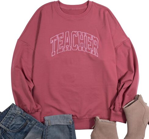 BANGELY Teacher Sweatshirt Women Oversized Retro Teach Crewneck Shirt Embroidery Teacher Life Pullover Long Sleeve Tops in Kuwait